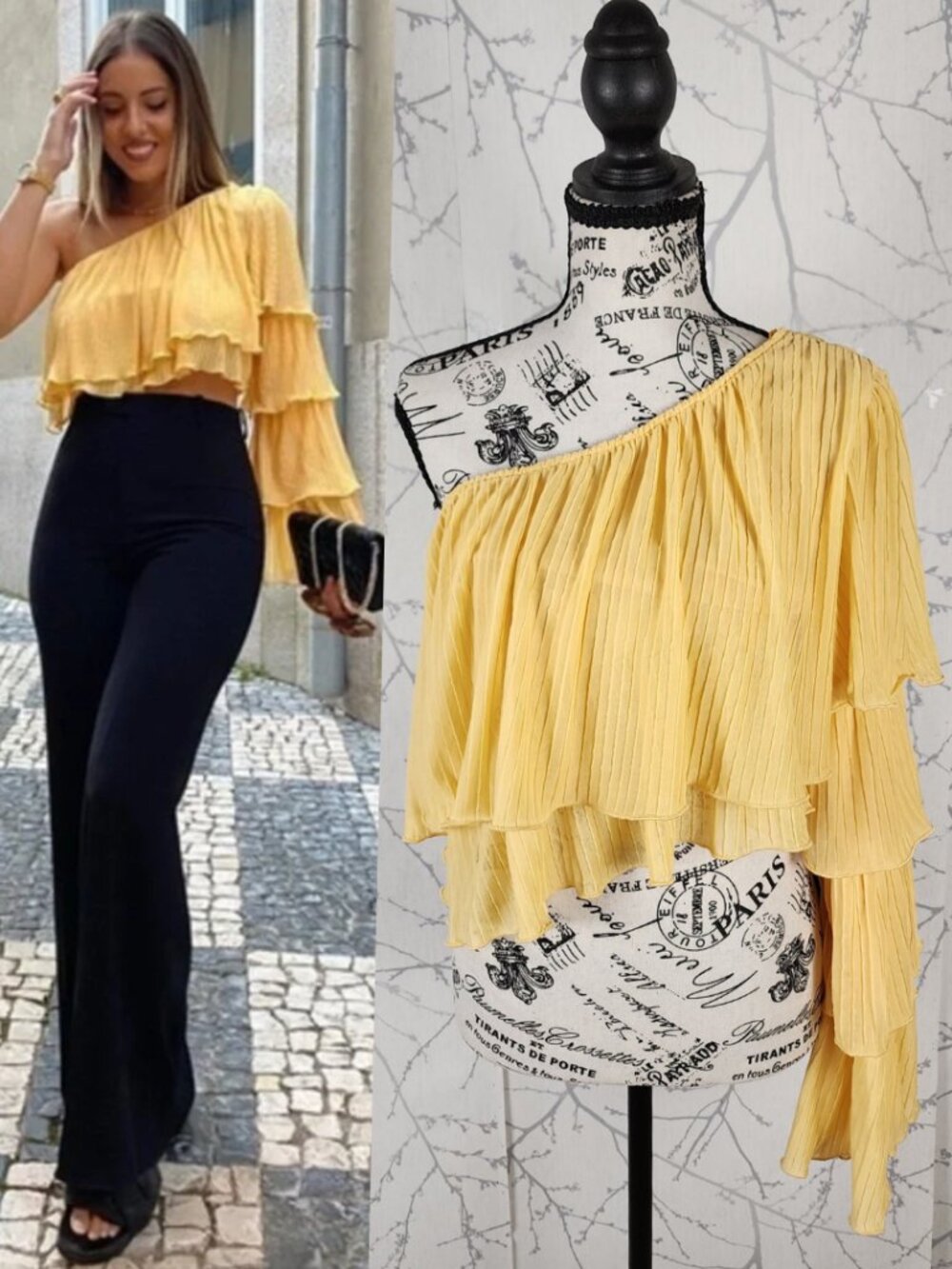 Zara Yellow Textured Ruffle One Shoulder Crop Top